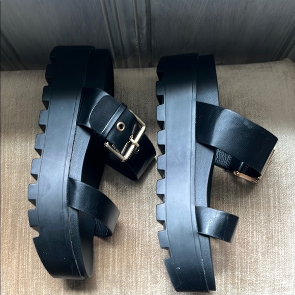 EGO Black Platform Sandals gold adjustable buckle size 9 minimalist y2k 2000s - Picture 4 of 6